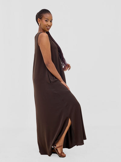 Vivo Ava Front Pleat Maxi Dress - Chocolate - Shopzetu