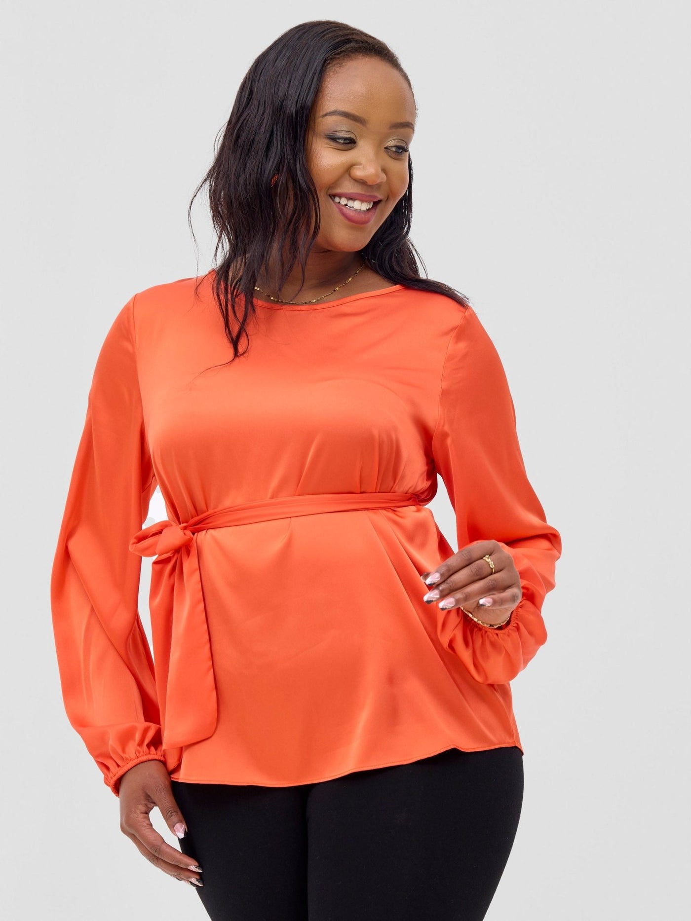 Vivo Basic Satin Bishop Sleeved Top - Orange - Shopzetu