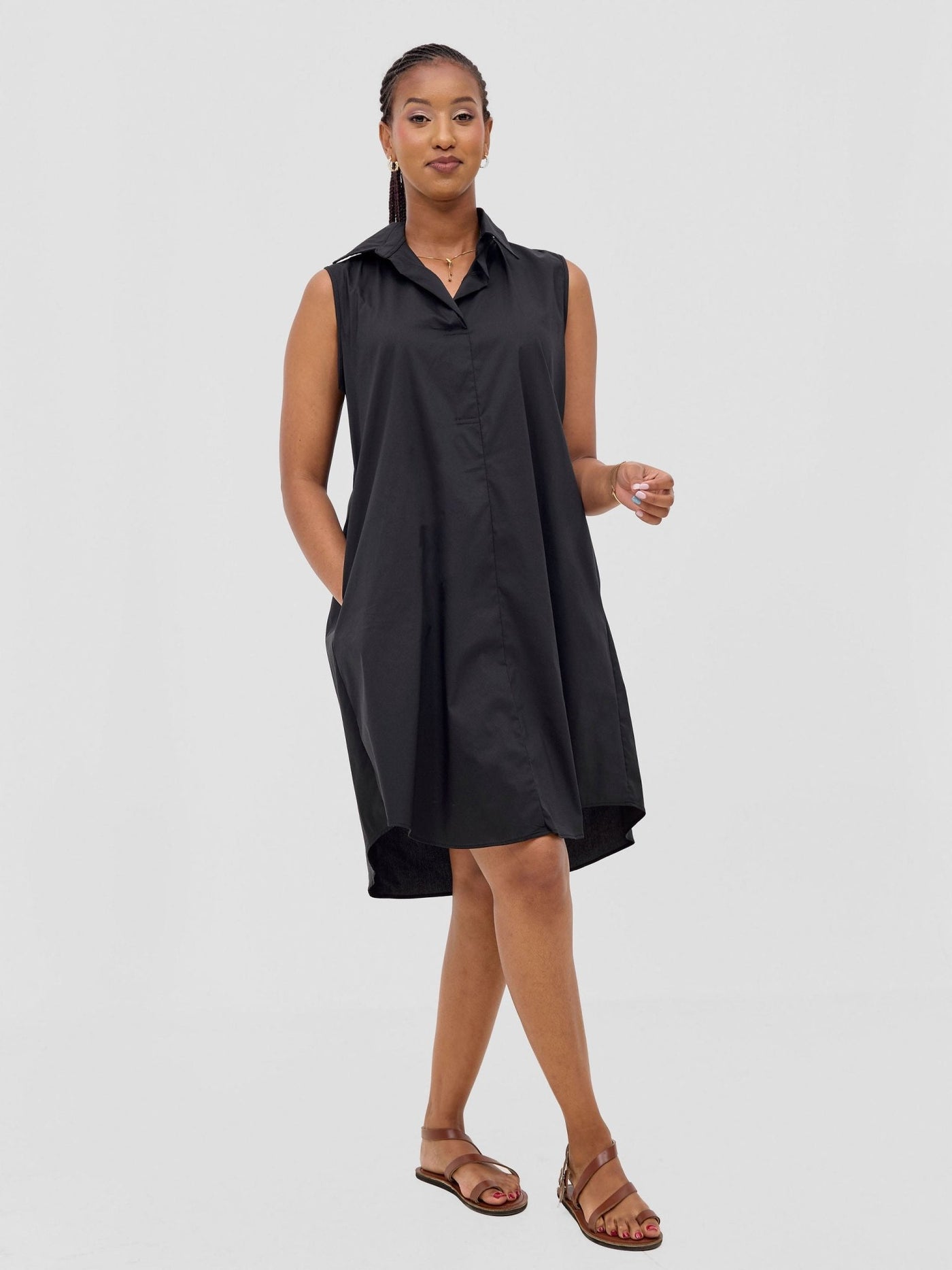 Safari Kaya Sleeveless Tent Shirt Dress - Black - Shopzetu