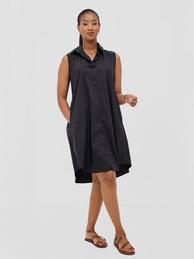 Safari Kaya Sleeveless Tent Shirt Dress - Black - Shopzetu