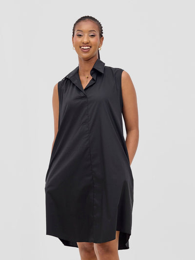 Safari Kaya Sleeveless Tent Shirt Dress - Black - Shopzetu