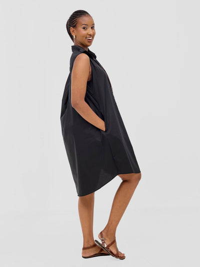 Safari Kaya Sleeveless Tent Shirt Dress - Black - Shopzetu