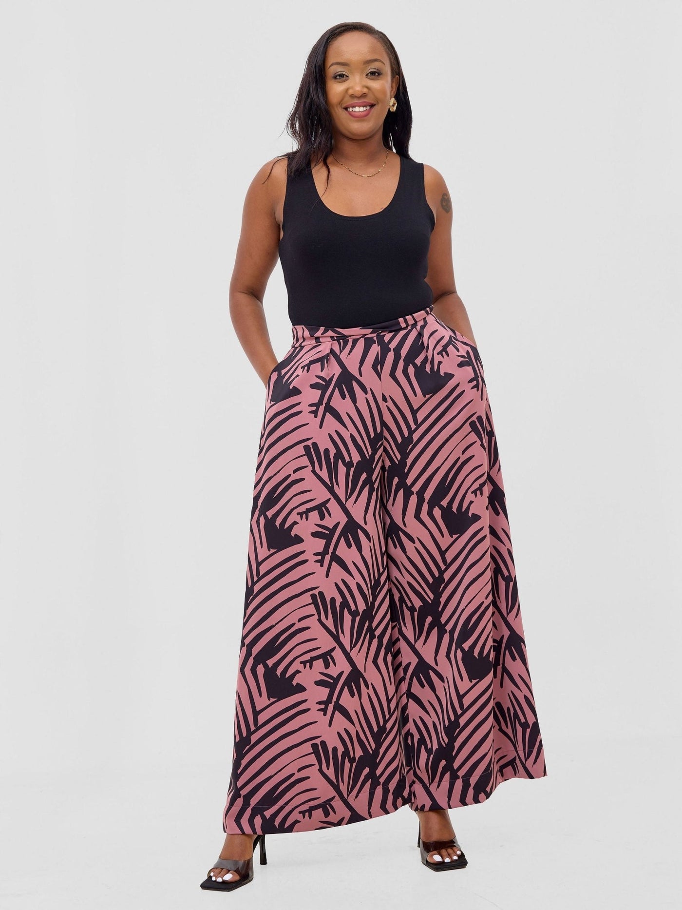 Vivo Ayla Crepe Pants - Light Dust Pink / Black Lala Print - Shopzetu