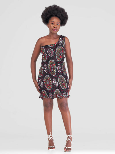 Tayari Fashion House Ricca Ankara Short Stretchy Dress - Red Print - Shopzetu