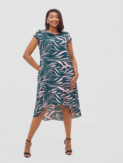 Vivo Jema High Low Tent Dress - Green / Pink Print - Shopzetu