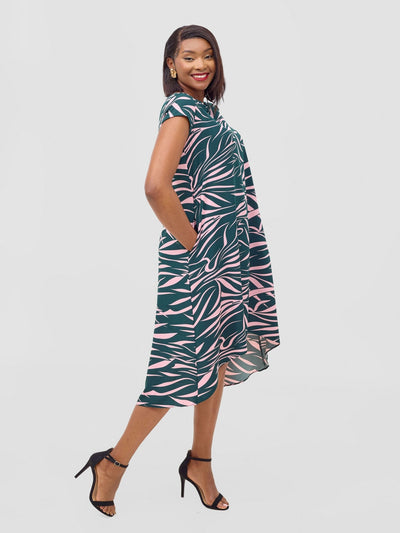 Vivo Jema High Low Tent Dress - Green / Pink Print - Shopzetu