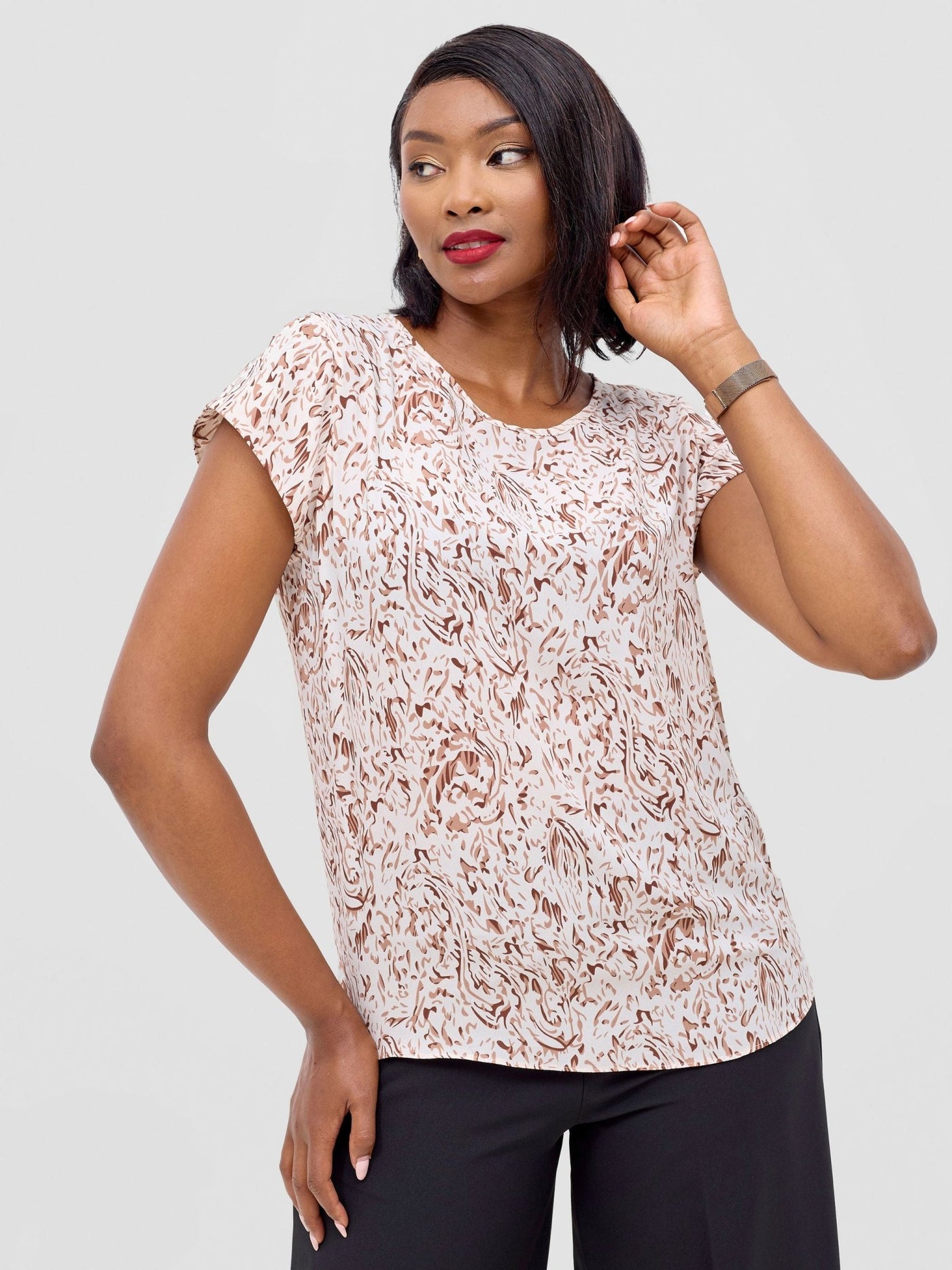 Vivo Basic Crepe Cap Sleeved Top - Beige / Brown Print - Shopzetu