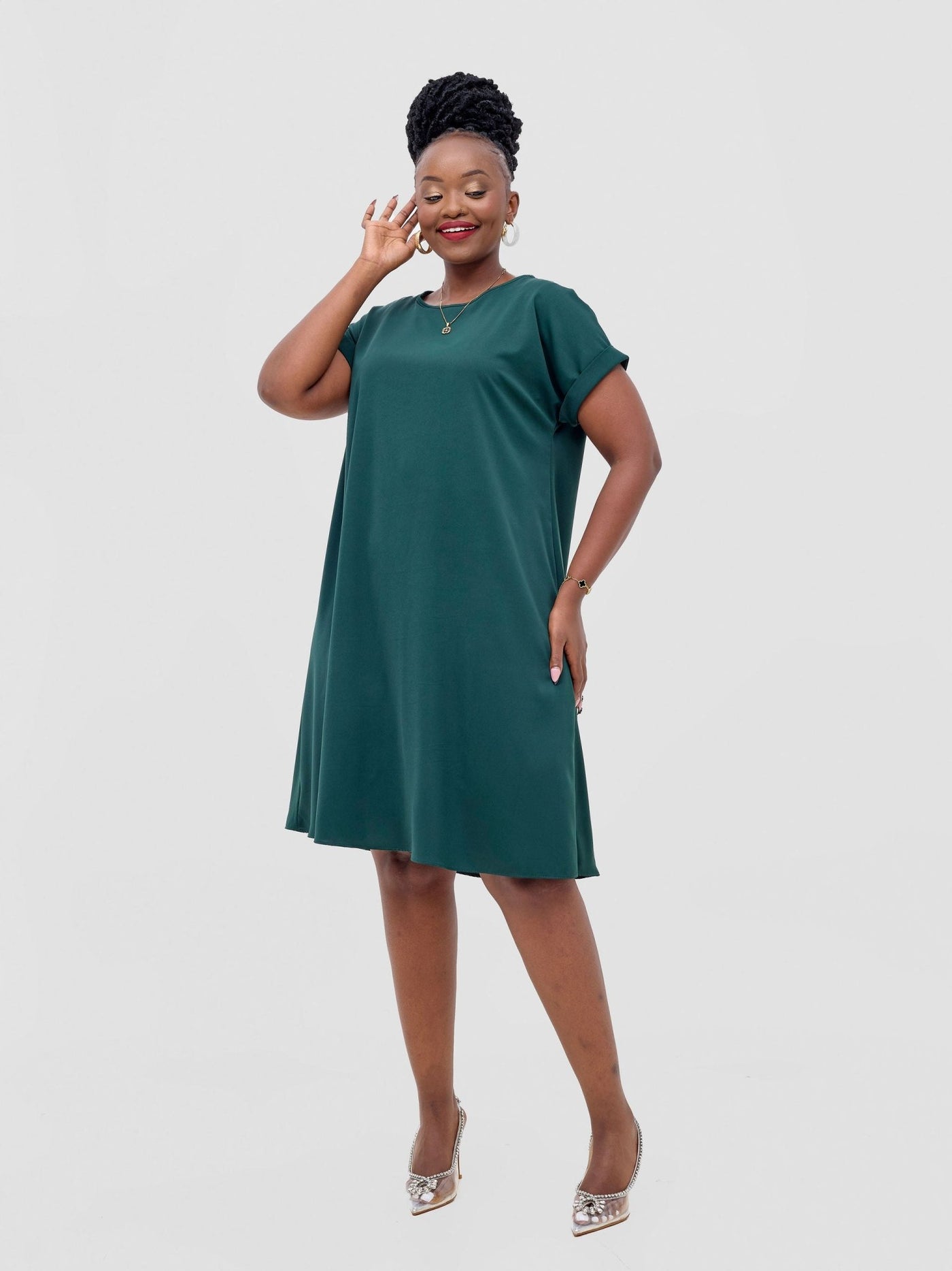 Vivo Pesi Drop Shoulder Tent Dress - Dark Green - Shopzetu