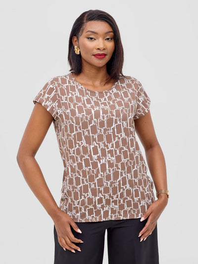 Vivo Basic Crepe Cap Sleeved Top - Brown / White Print - Shopzetu