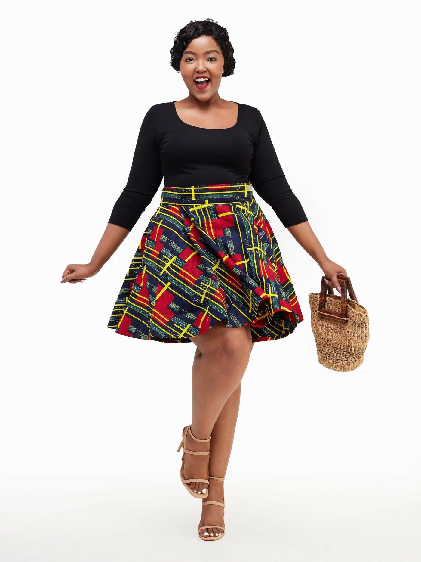 Vazi Afriq Ankara Skater Skirt - Red / Yellow Print - Shopzetu