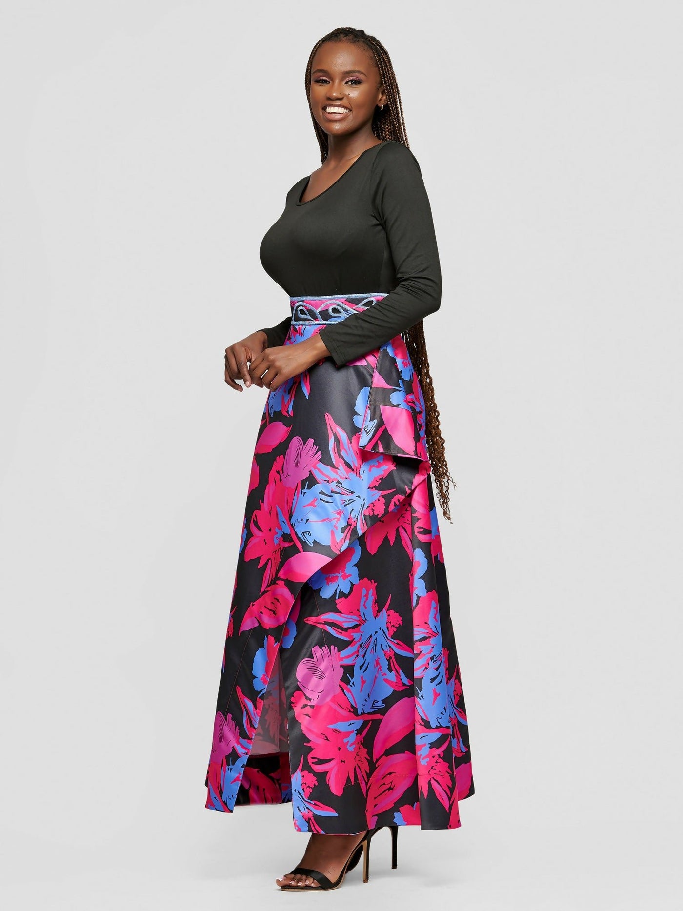 Tuli Lebo Maxi Asymmetrical Skirt - Blue / Pink Print - Shopzetu