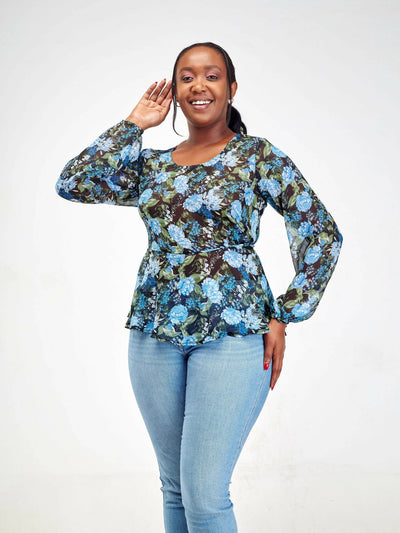 Silk House Collection Hulya Top - Blue Floral Print - Shopzetu