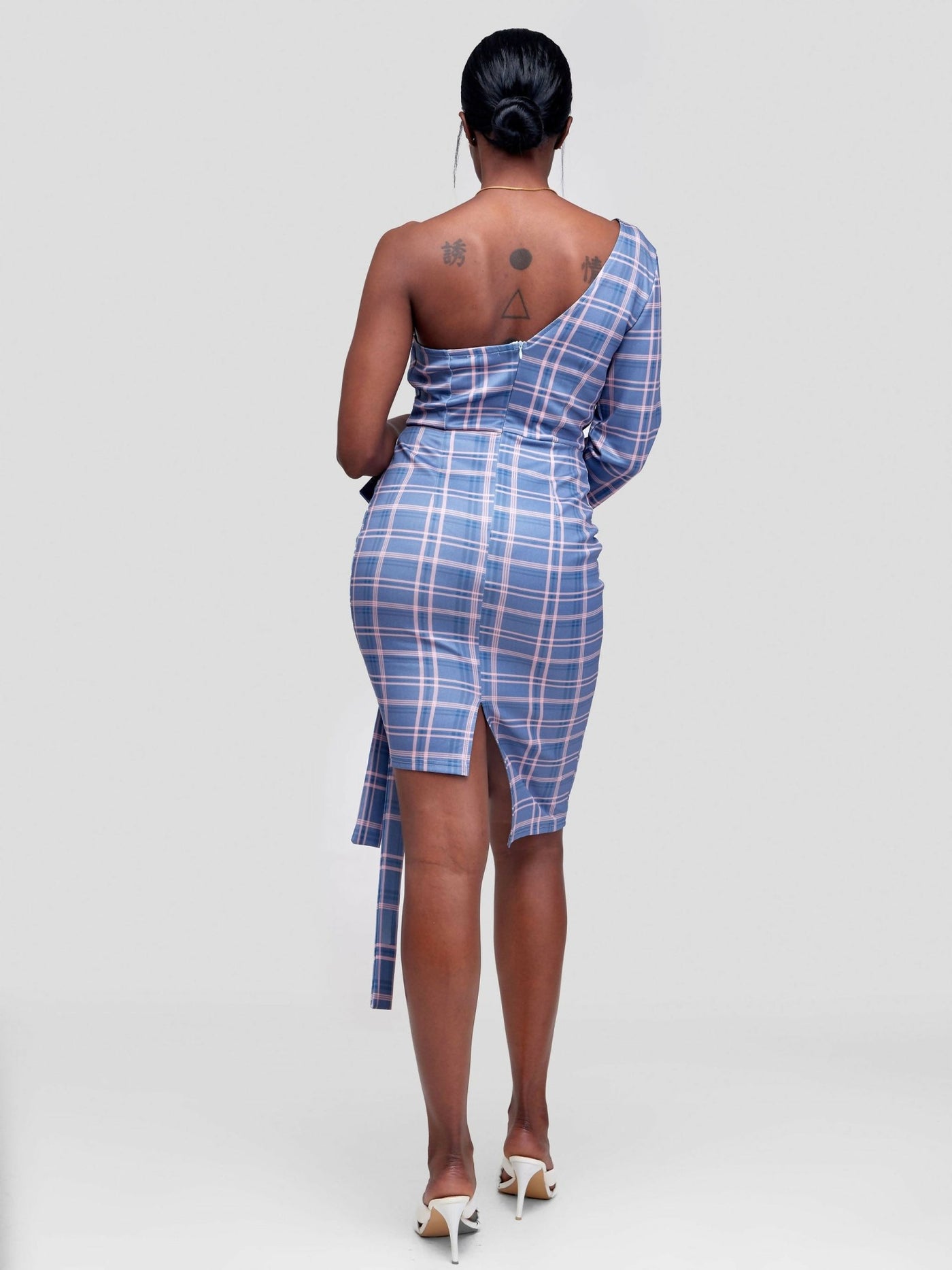 Bold N Chic One Shoulder Dress - Checkered Blue - Shopzetu