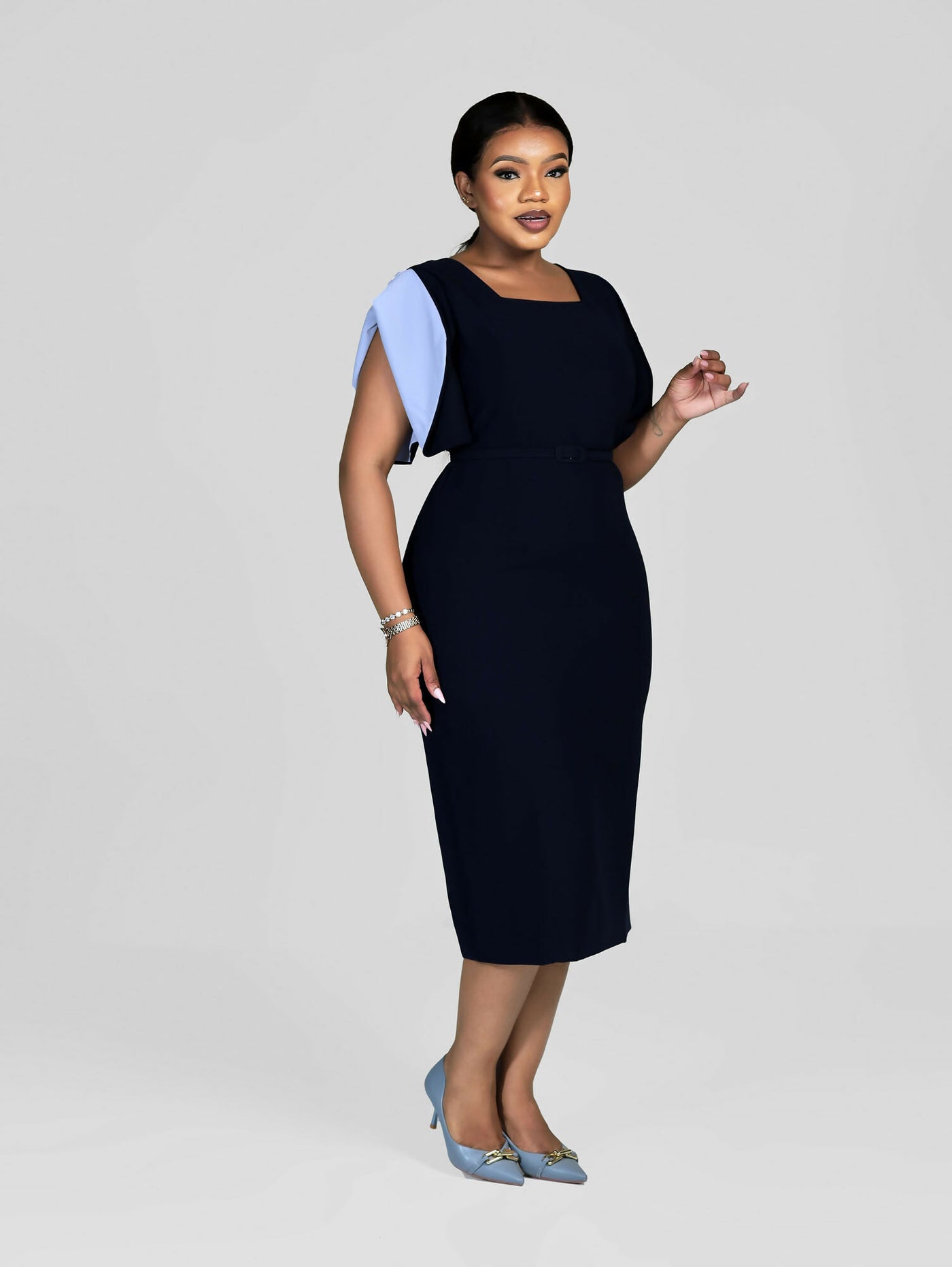 Curve Shoulder Bodycon - Navy Blue - Shopzetu