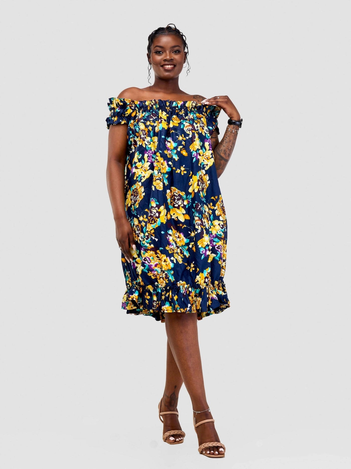 PrettyGline Ankara Balloon Dress - Blue/Yellow - Shopzetu