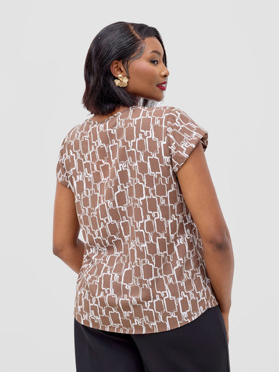 Vivo Basic Crepe Cap Sleeved Top - Brown / White Print - Shopzetu