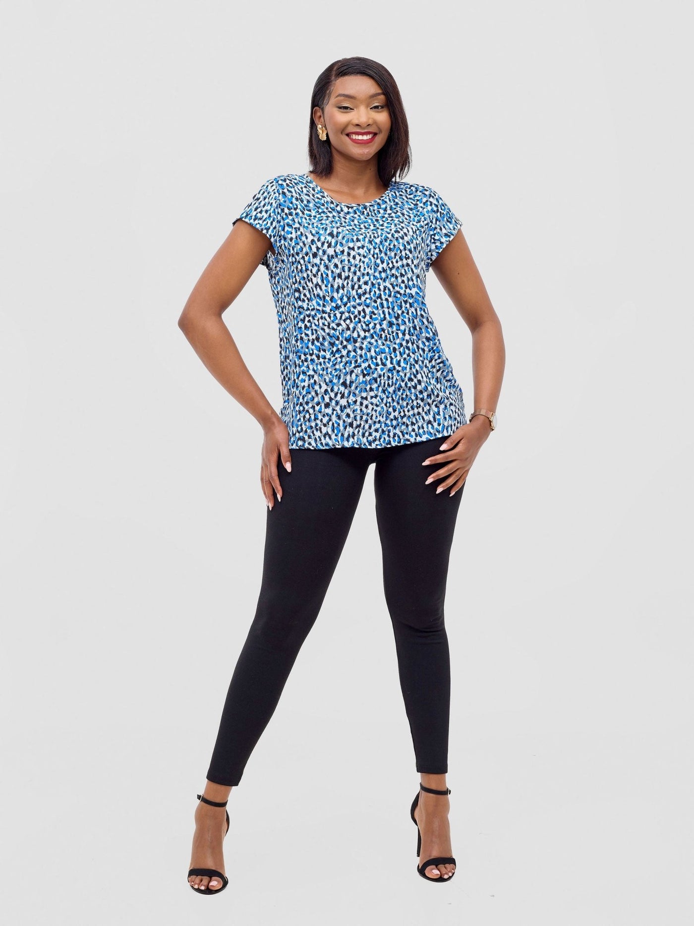 Vivo Basic Crepe Cap Sleeved Top - Blue / Grey Print - Shopzetu