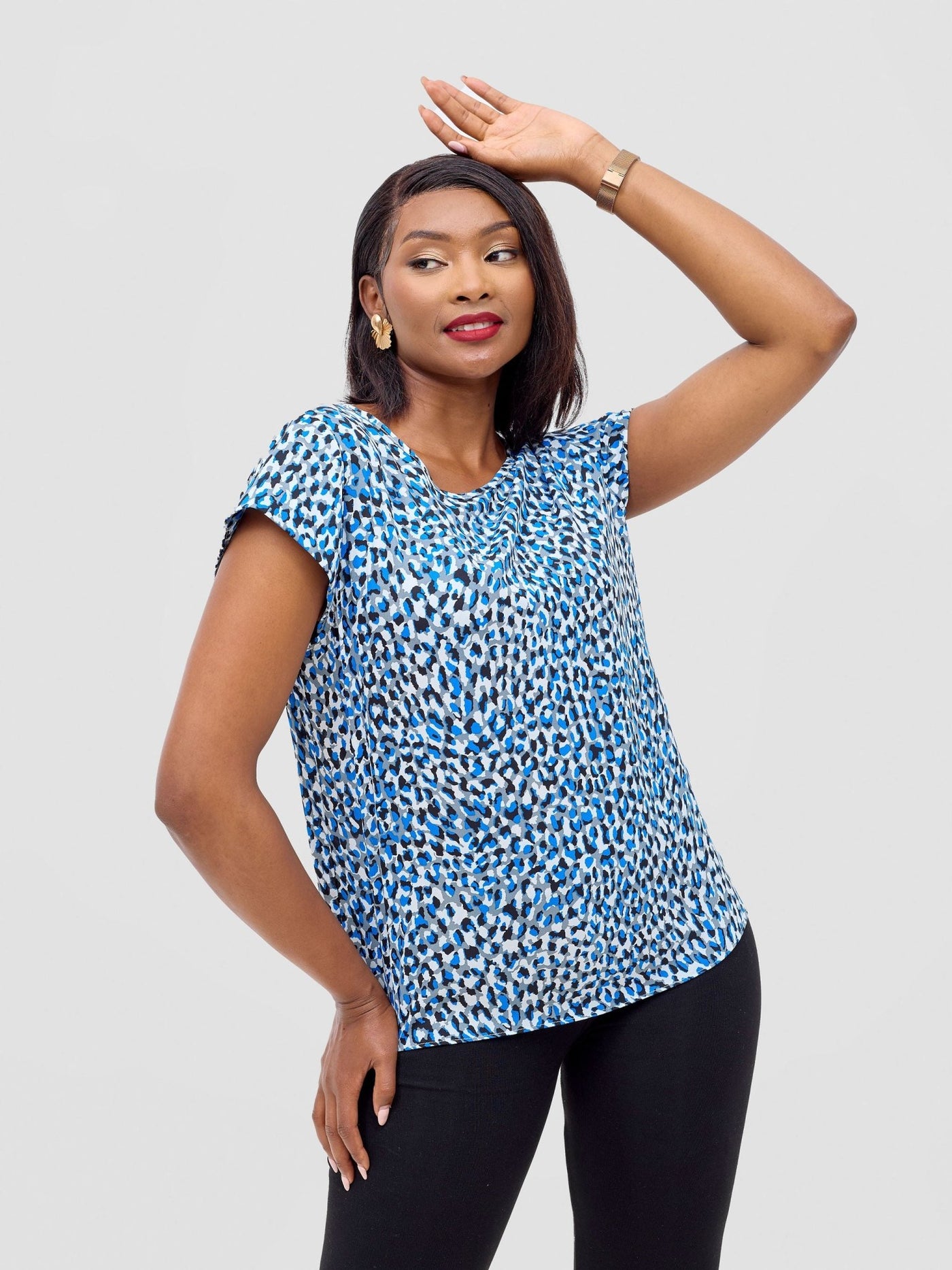 Vivo Basic Crepe Cap Sleeved Top - Blue / Grey Print - Shopzetu