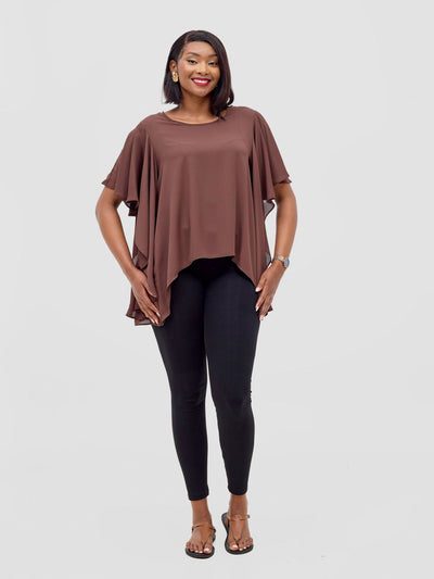 Vivo Meli Ruffle Sleeve Top - Brown - Shopzetu