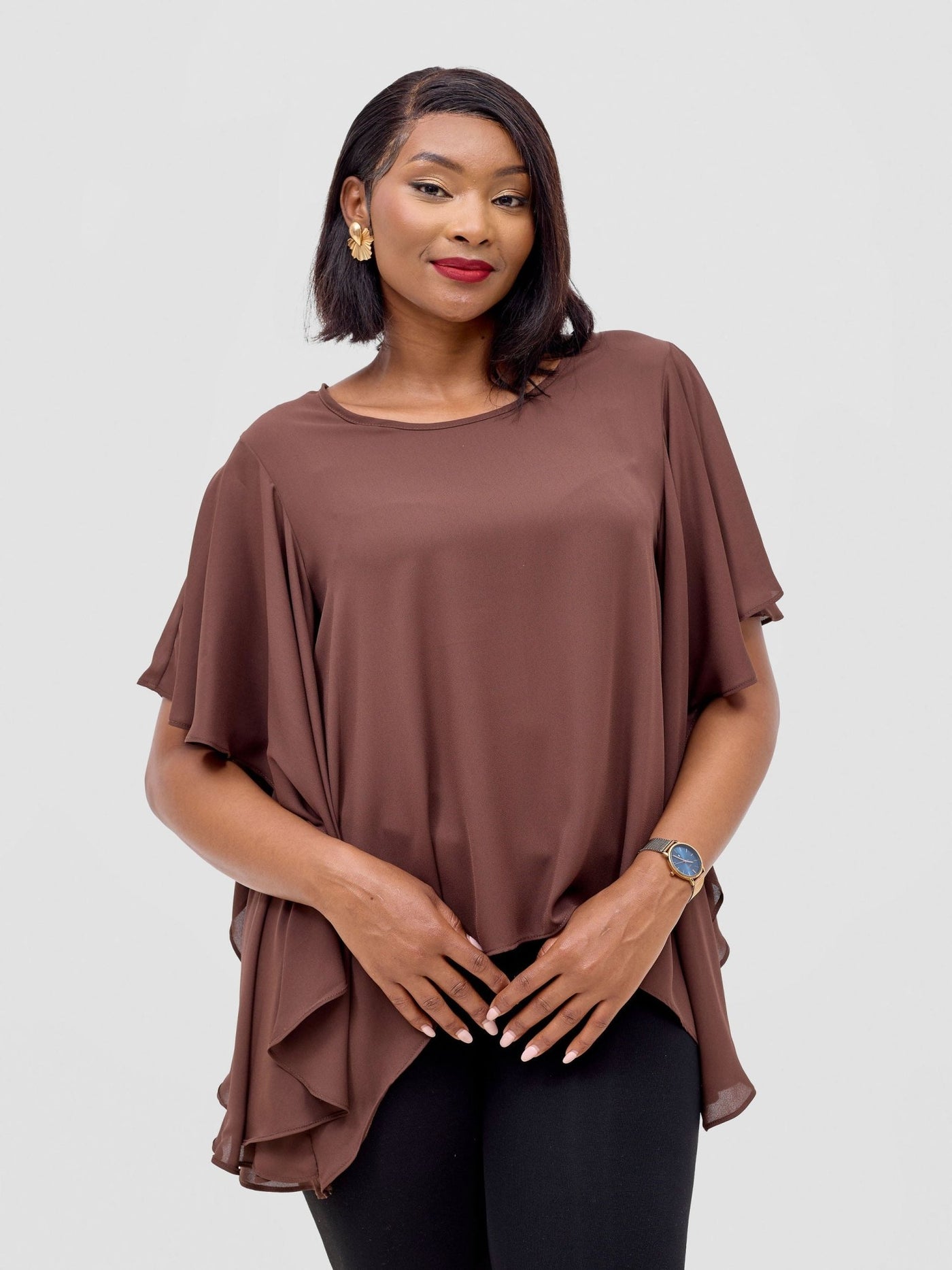 Vivo Meli Ruffle Sleeve Top - Brown - Shopzetu