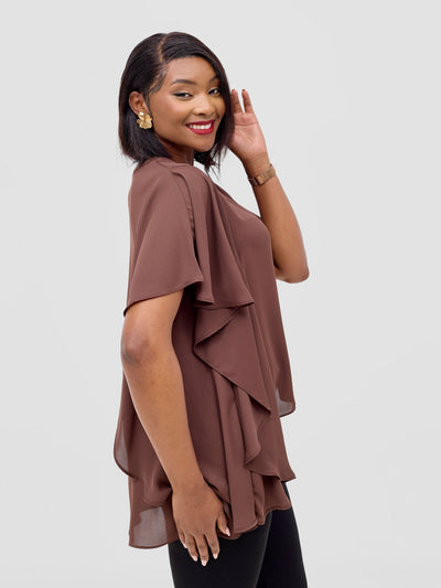 Vivo Meli Ruffle Sleeve Top - Brown - Shopzetu