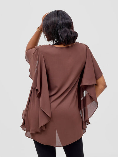 Vivo Meli Ruffle Sleeve Top - Brown - Shopzetu