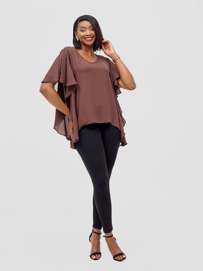 Vivo Meli Ruffle Sleeve Top - Brown - Shopzetu