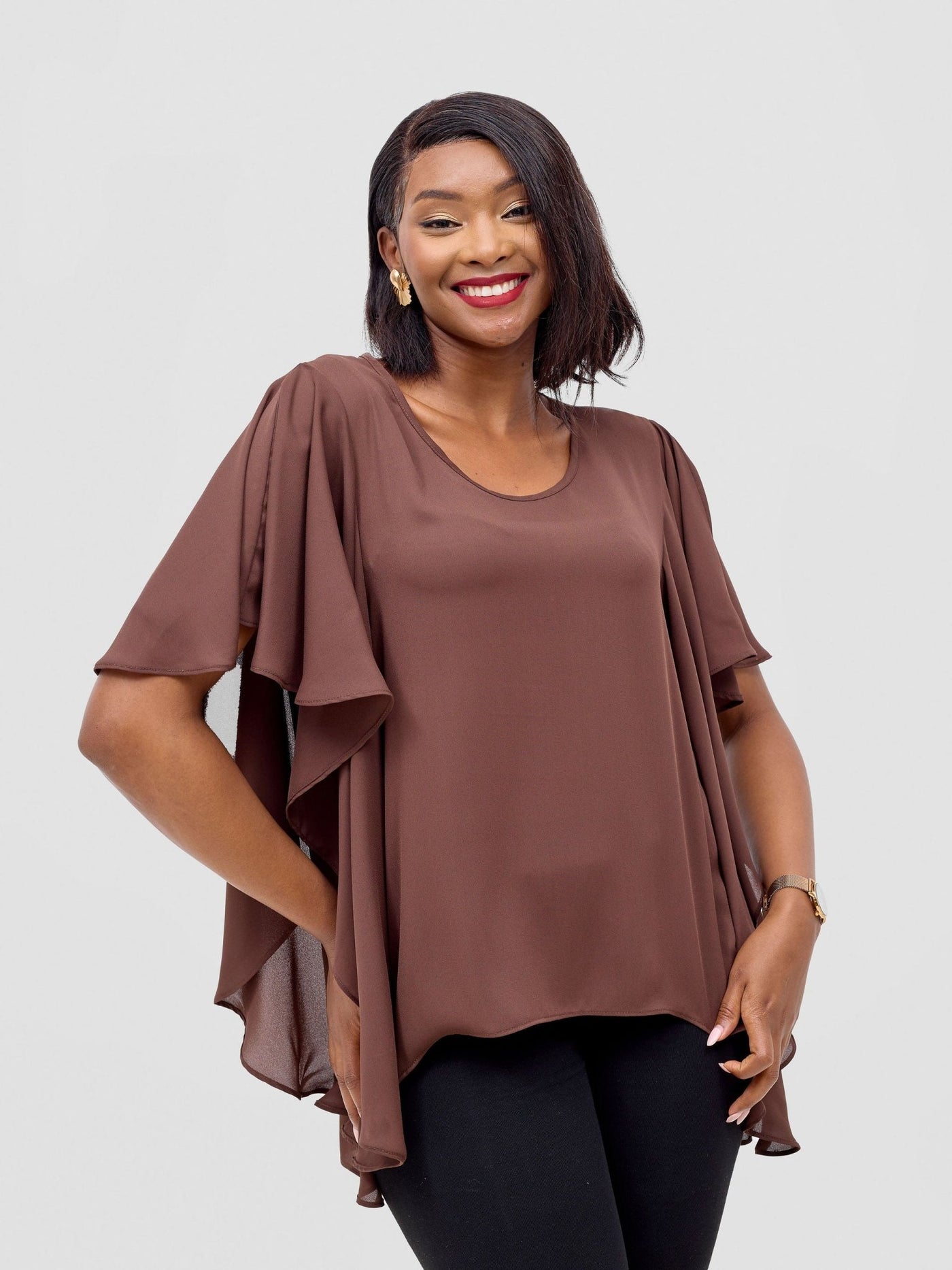 Vivo Meli Ruffle Sleeve Top - Brown - Shopzetu