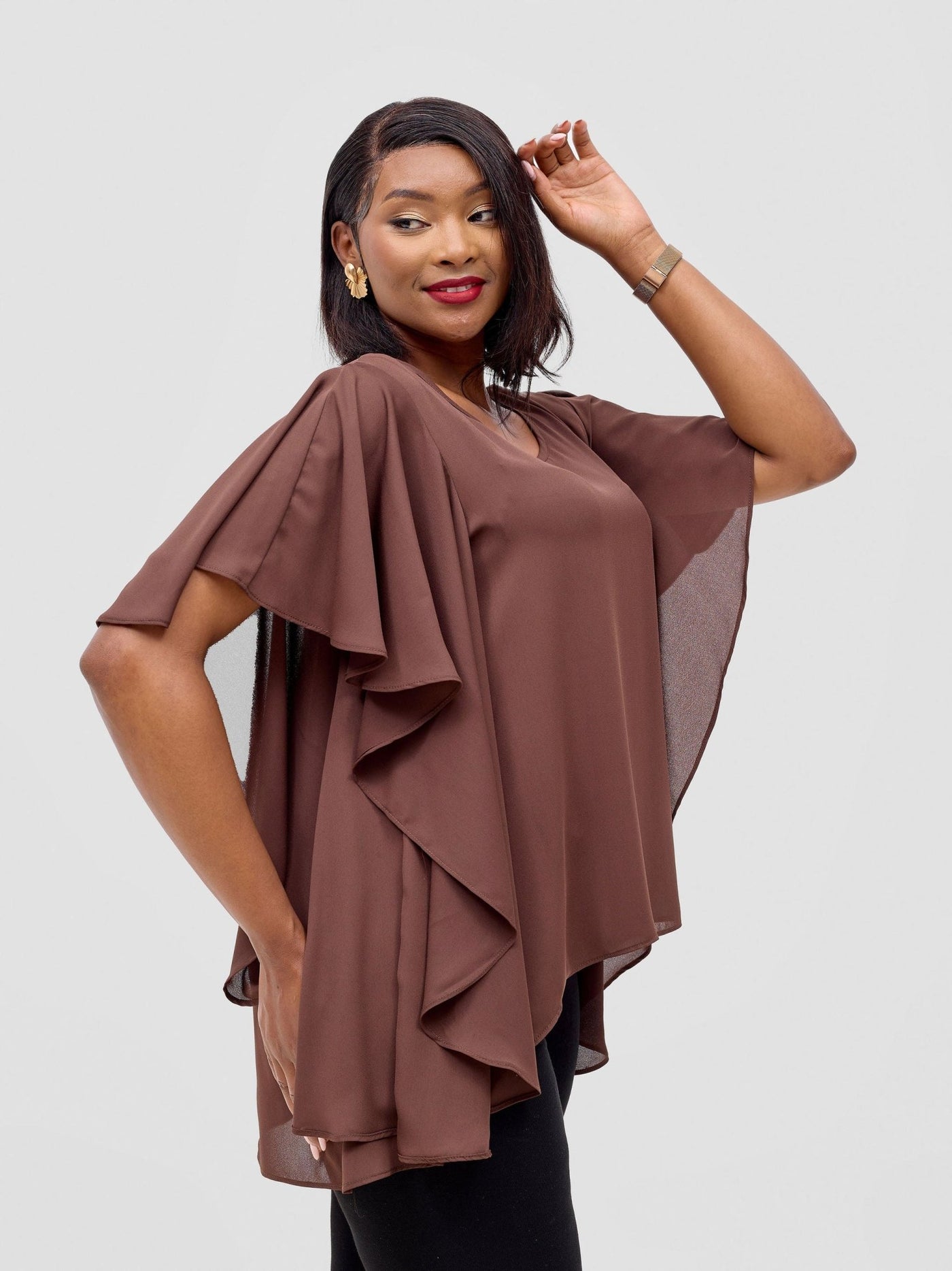 Vivo Meli Ruffle Sleeve Top - Brown - Shopzetu