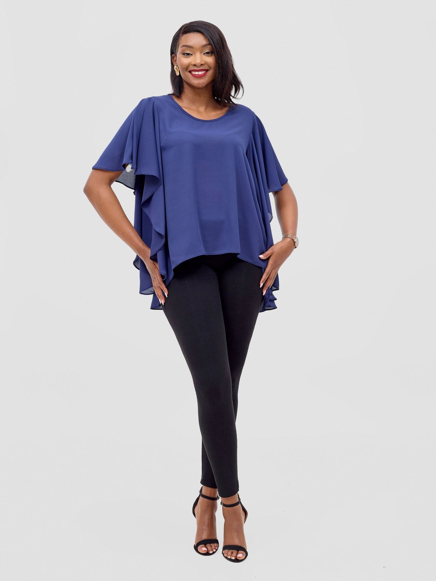 Vivo Meli Ruffle Sleeve Top - Navy Blue - Shopzetu