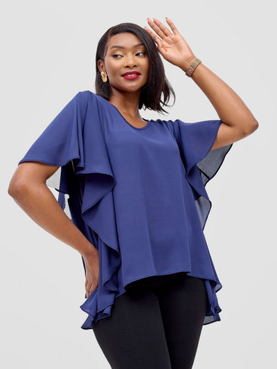 Vivo Meli Ruffle Sleeve Top - Navy Blue - Shopzetu