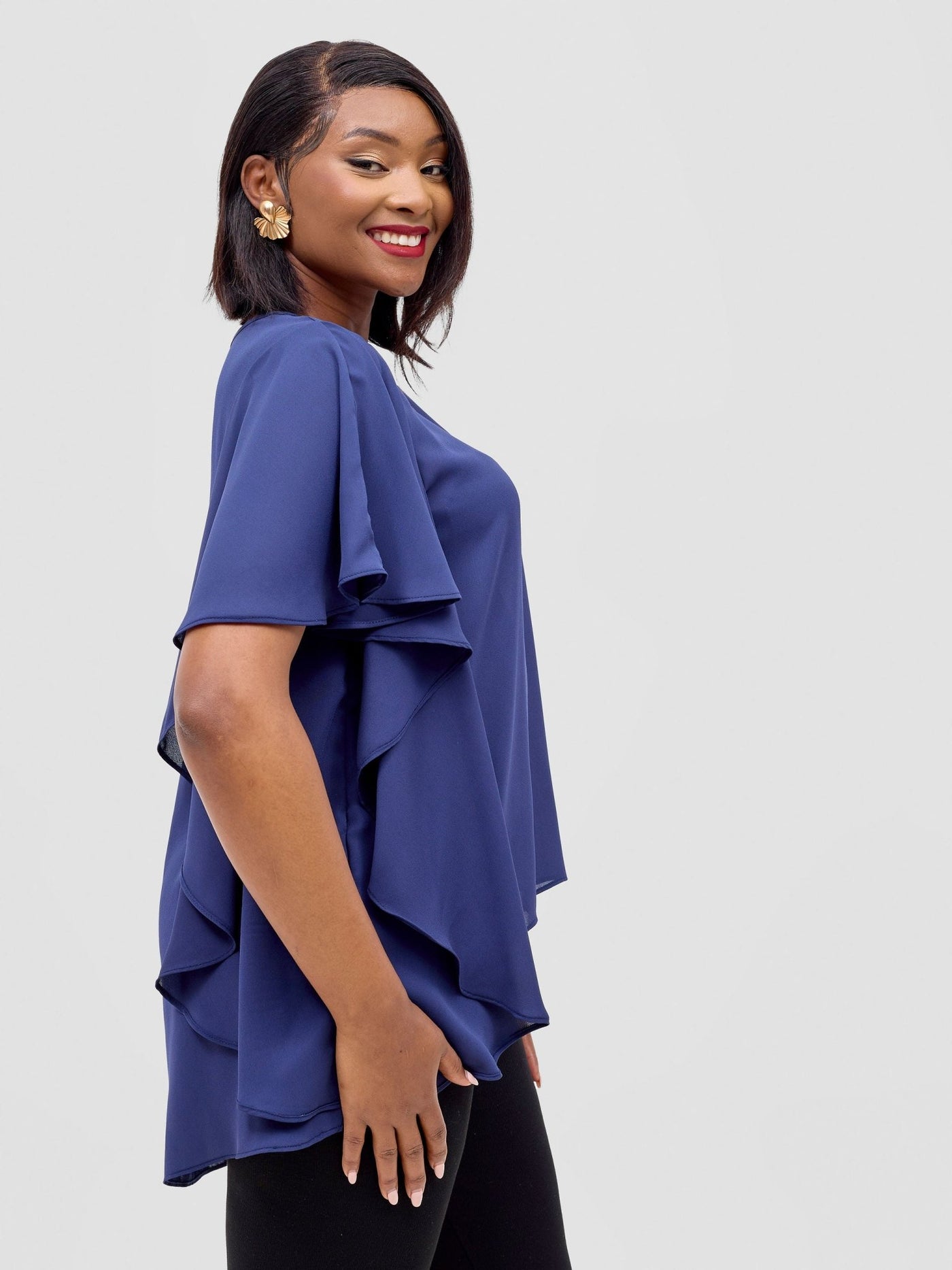 Vivo Meli Ruffle Sleeve Top - Navy Blue - Shopzetu