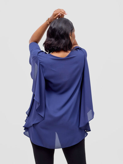 Vivo Meli Ruffle Sleeve Top - Navy Blue - Shopzetu