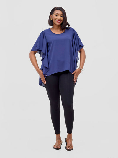 Vivo Meli Ruffle Sleeve Top - Navy Blue - Shopzetu