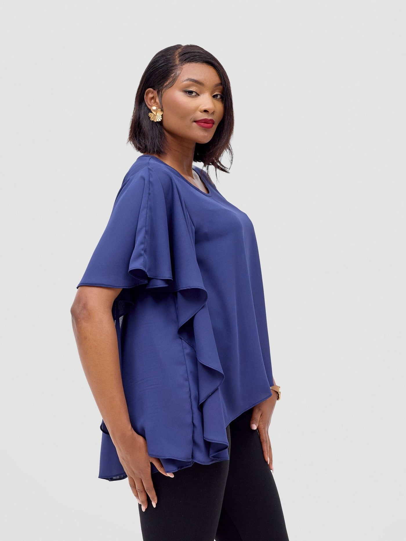 Vivo Meli Ruffle Sleeve Top - Navy Blue - Shopzetu