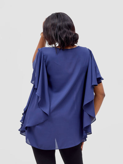 Vivo Meli Ruffle Sleeve Top - Navy Blue - Shopzetu