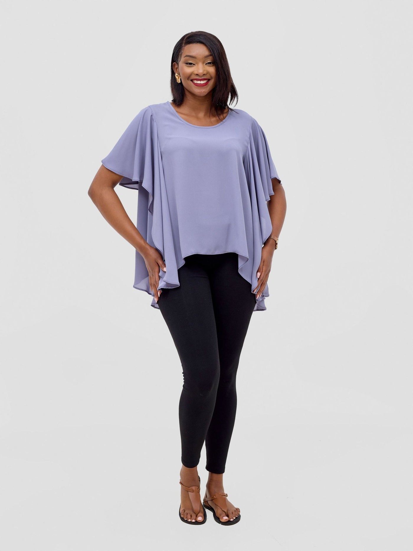 Vivo Meli Ruffle Sleeve Top - Grey - Shopzetu