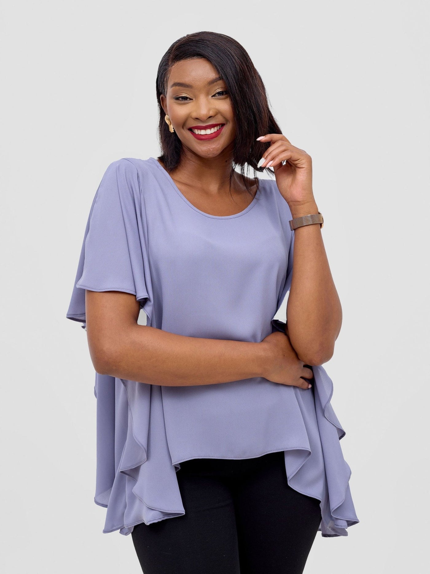 Vivo Meli Ruffle Sleeve Top - Grey - Shopzetu