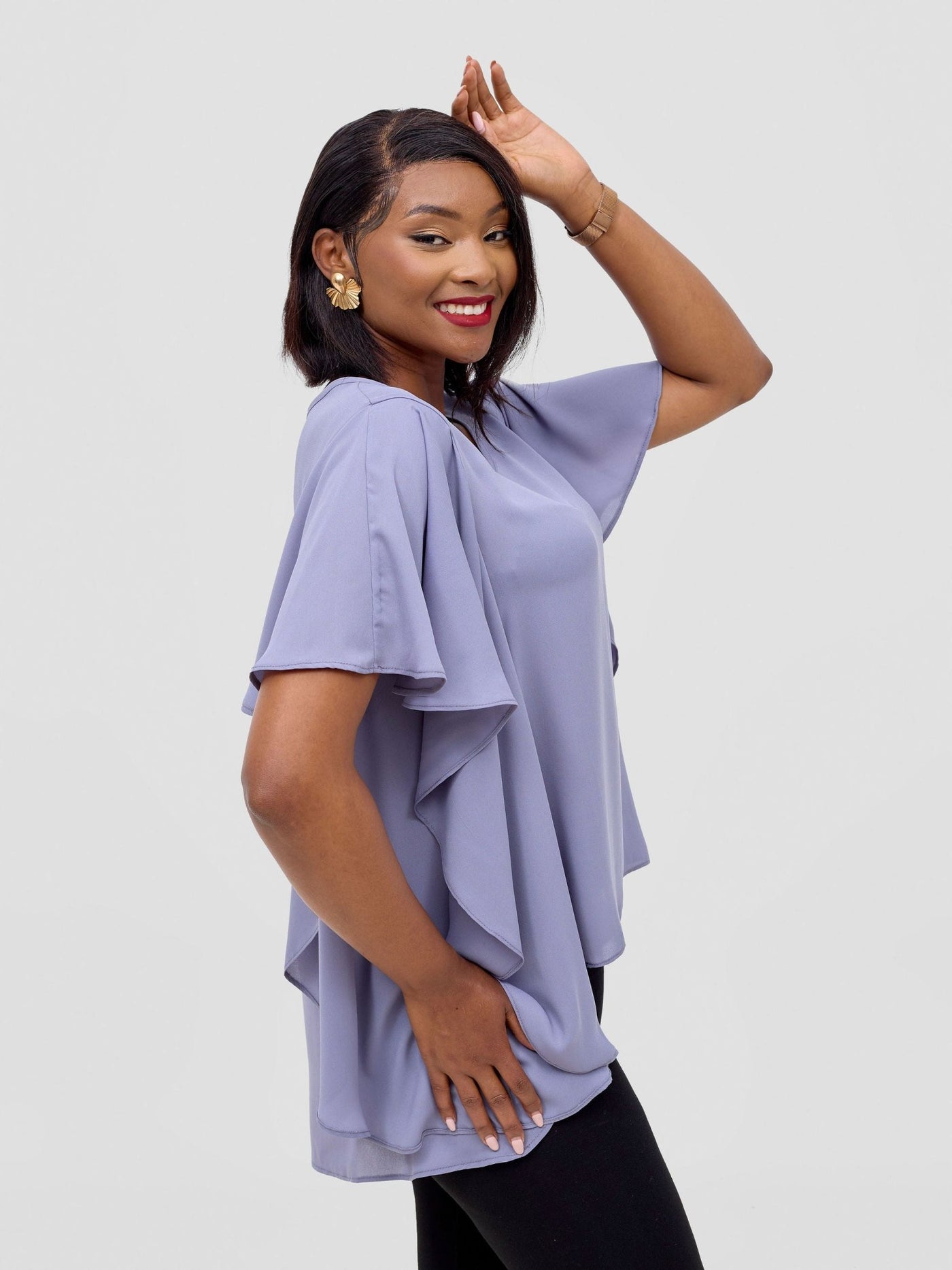 Vivo Meli Ruffle Sleeve Top - Grey - Shopzetu