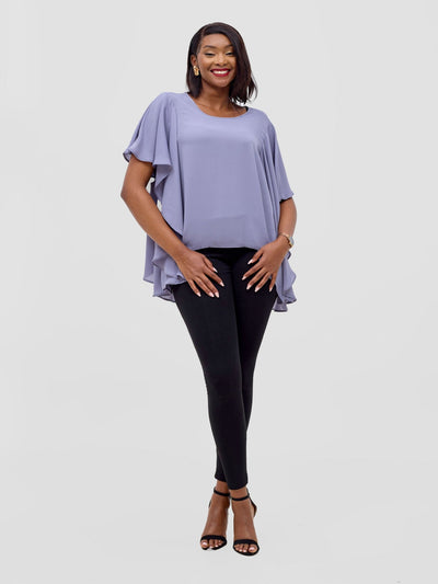 Vivo Meli Ruffle Sleeve Top - Grey - Shopzetu