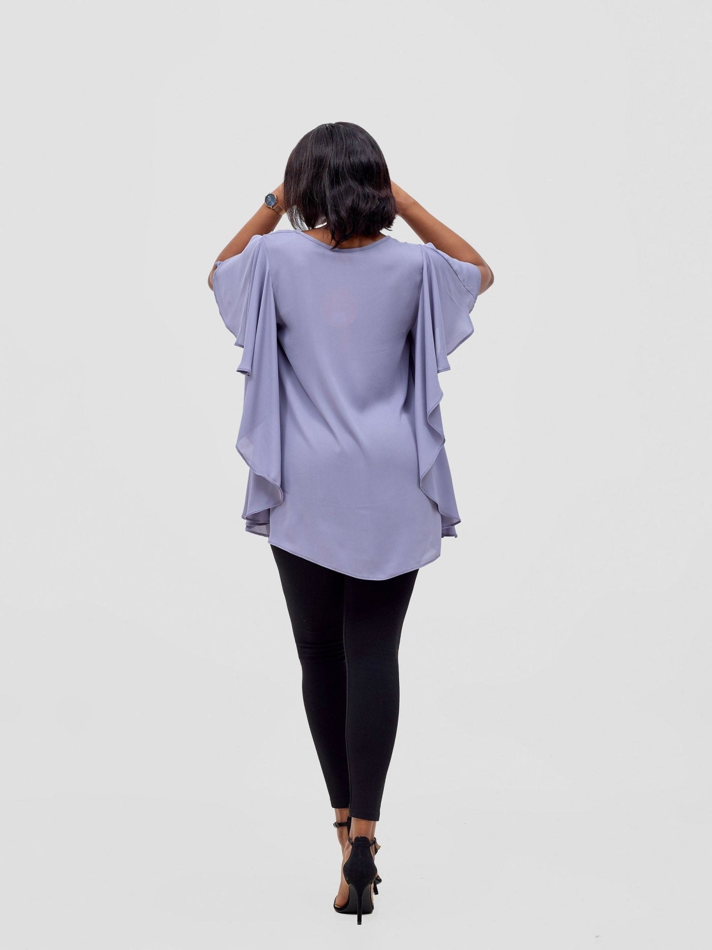 Vivo Meli Ruffle Sleeve Top - Grey - Shopzetu