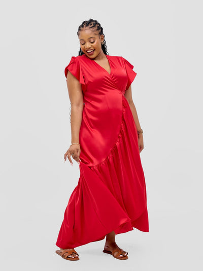 Vivo Hanabi Wrap Maxi Dress - Dark Red - Shopzetu