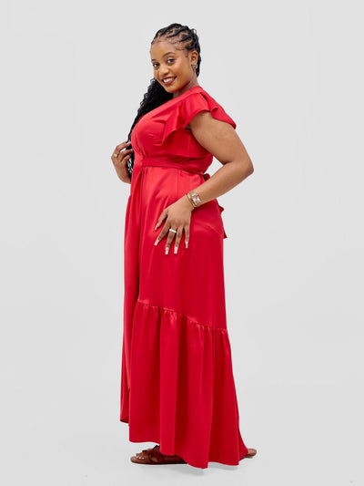 Vivo Hanabi Wrap Maxi Dress - Dark Red - Shopzetu