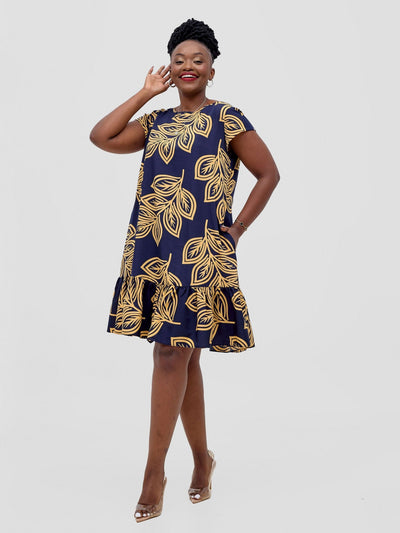 Vivo Dalia Cap Sleeve Gathered Tent Dress - Dark Navy / Yellow Print - Shopzetu