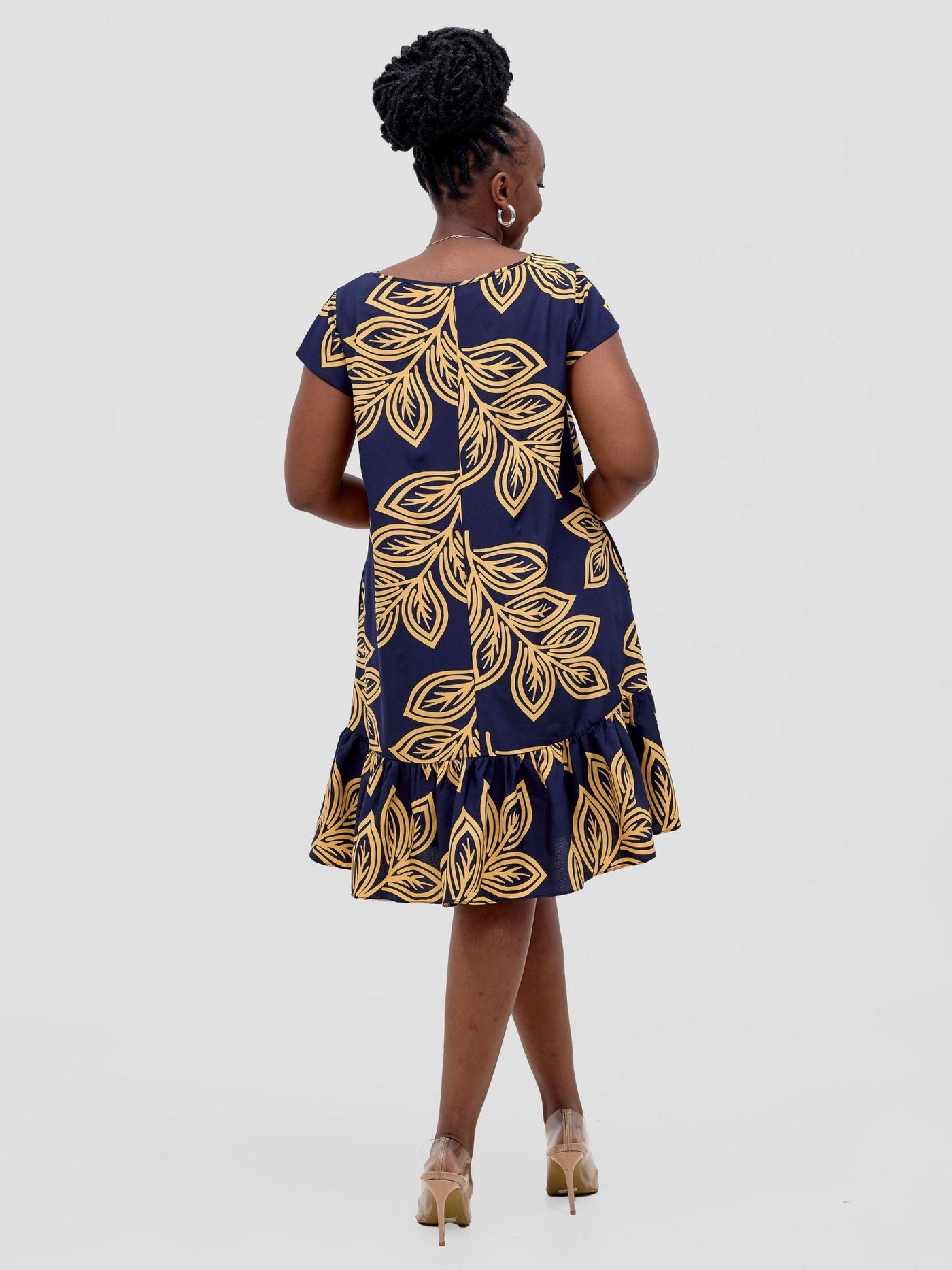 Vivo Dalia Cap Sleeve Gathered Tent Dress - Dark Navy / Yellow Print - Shopzetu