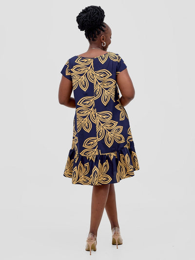 Vivo Dalia Cap Sleeve Gathered Tent Dress - Dark Navy / Yellow Print - Shopzetu