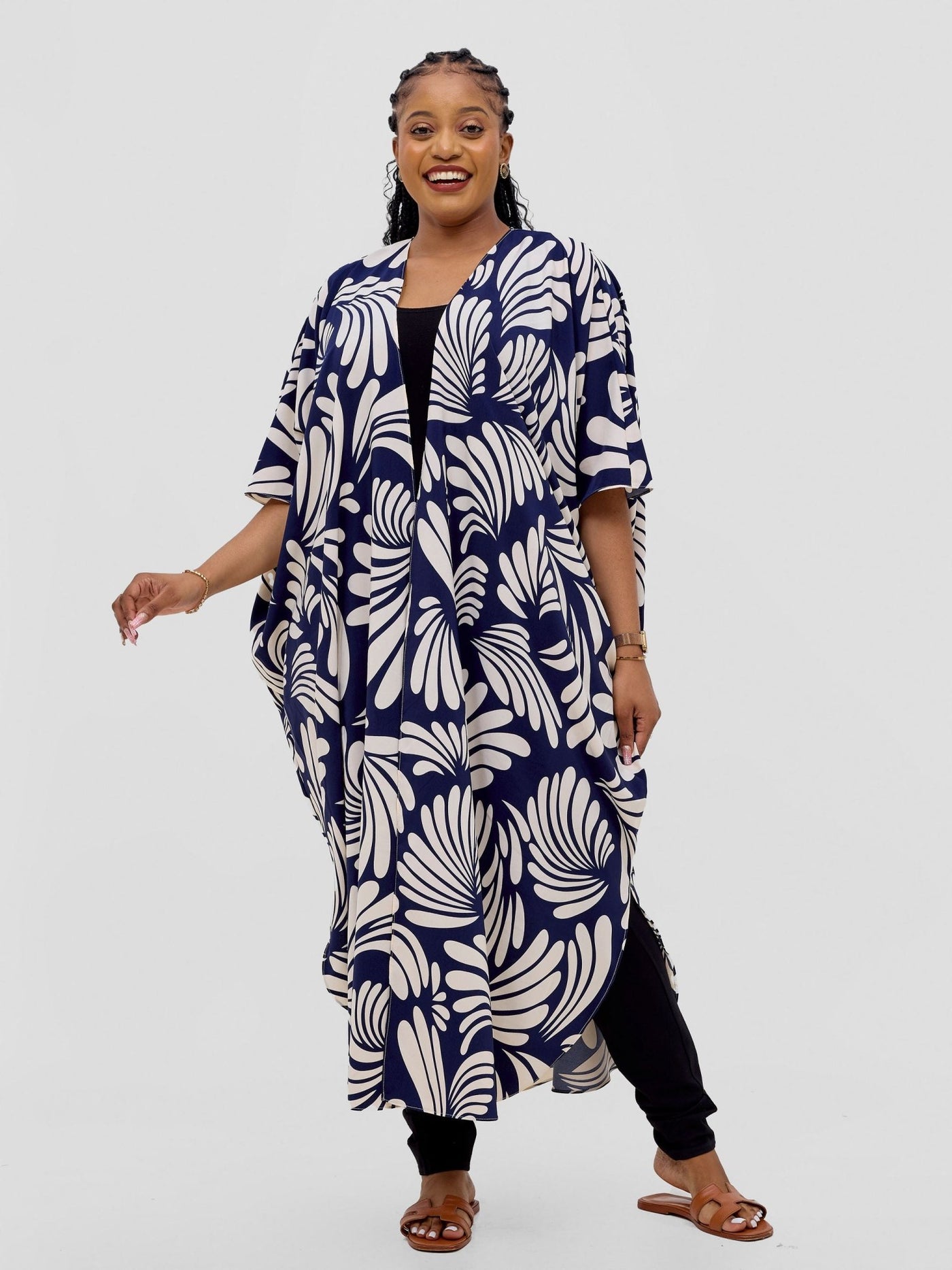 Basic Open Kaftan - Dark Navy / Cream - Shopzetu