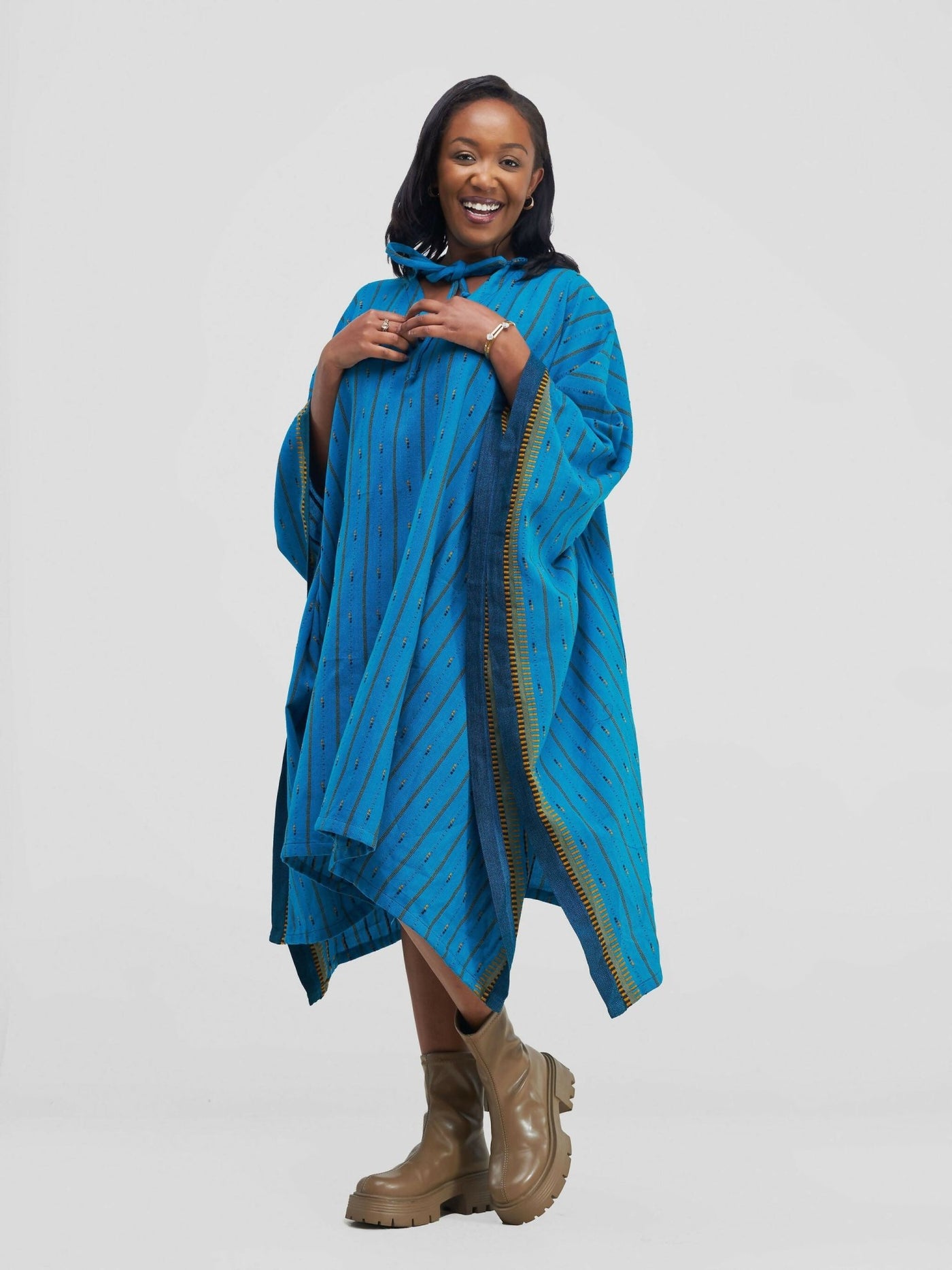 Liquid Lemn Tribal Print Poncho With Hoodie - Blue / Yellow - Shopzetu