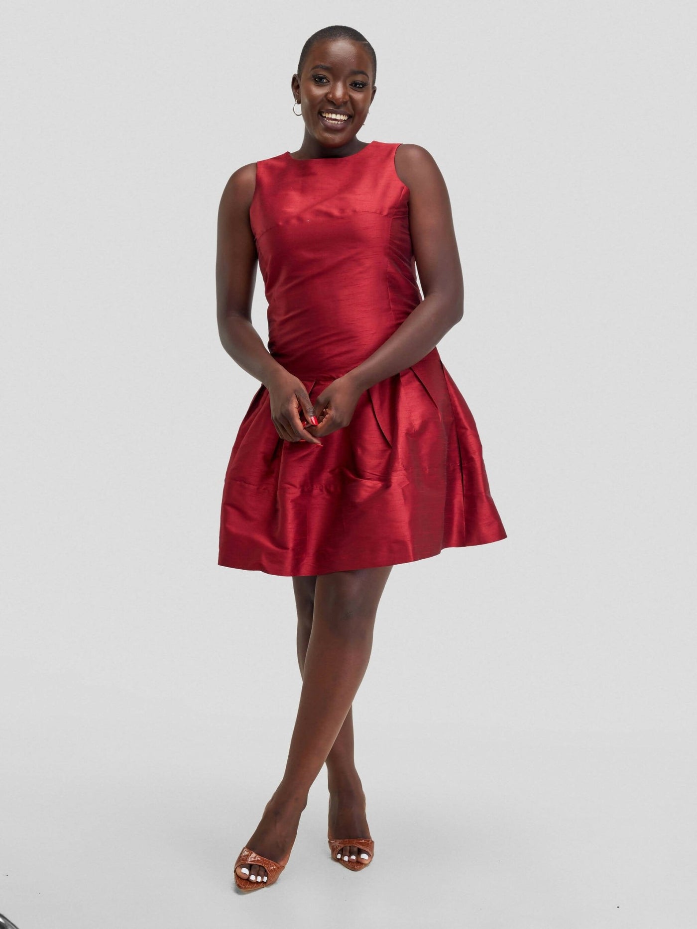 Fauza Design Nyekundu Raw Silk Balloon Dress - Maroon - Shopzetu