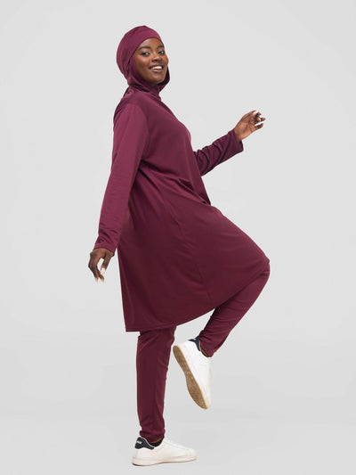 Zaiba Creations Modest Workout Hooded Tunic Top & Leggings - Maroon - Shopzetu